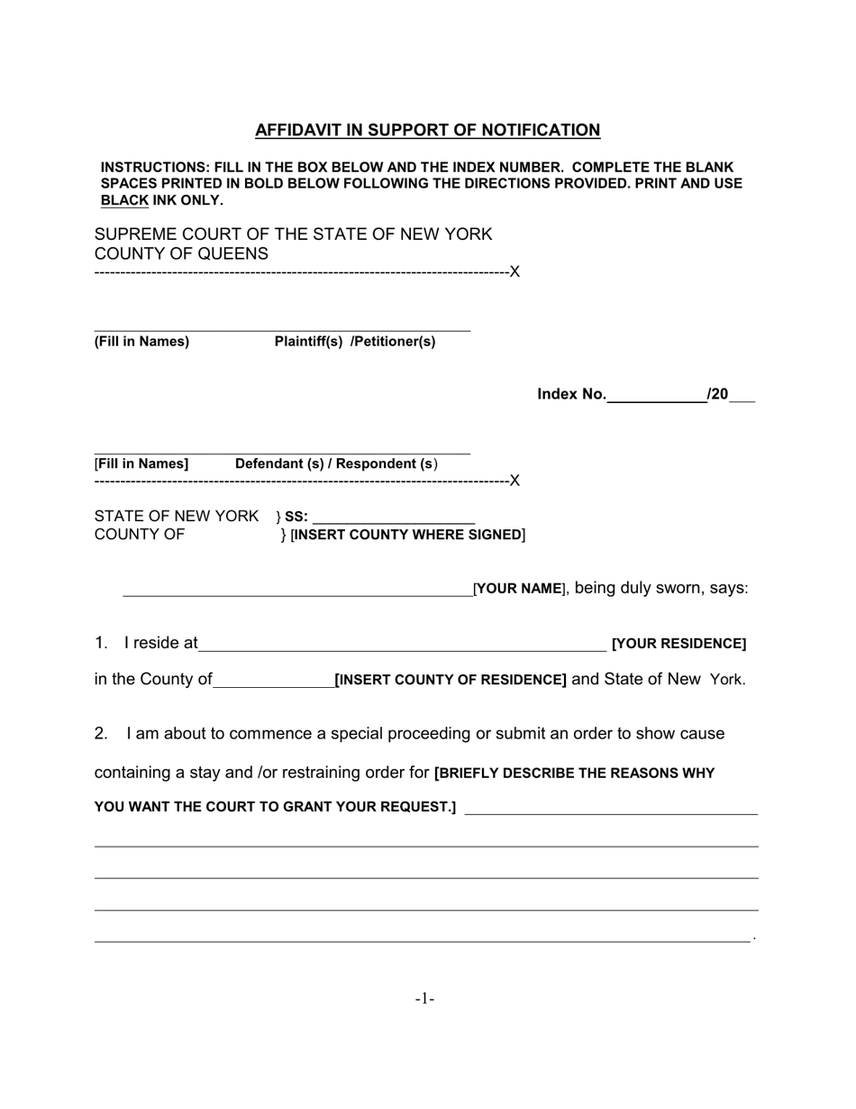 Affidavit in Support of Notification - Queens County, New York, Page 1