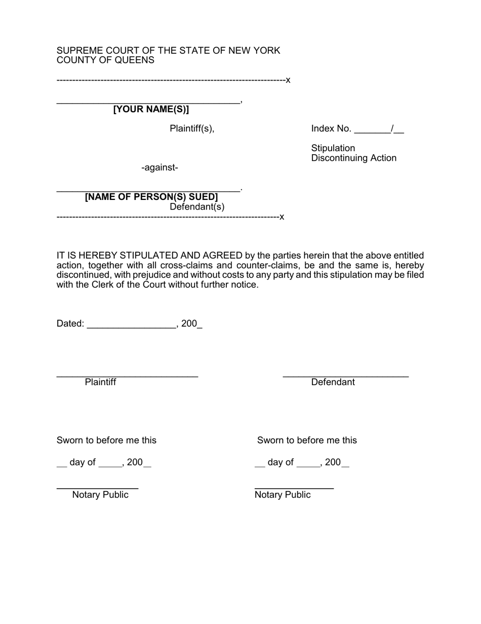 Stipulation Discontinuing Action - Queens County, New York, Page 1