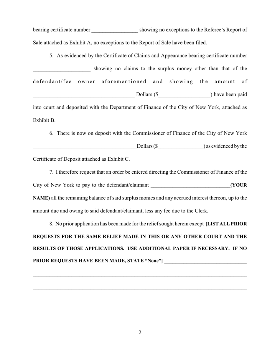 Affidavit in Support of Motion for Distribution of Surplus Moneys - Queens County, New York, Page 2