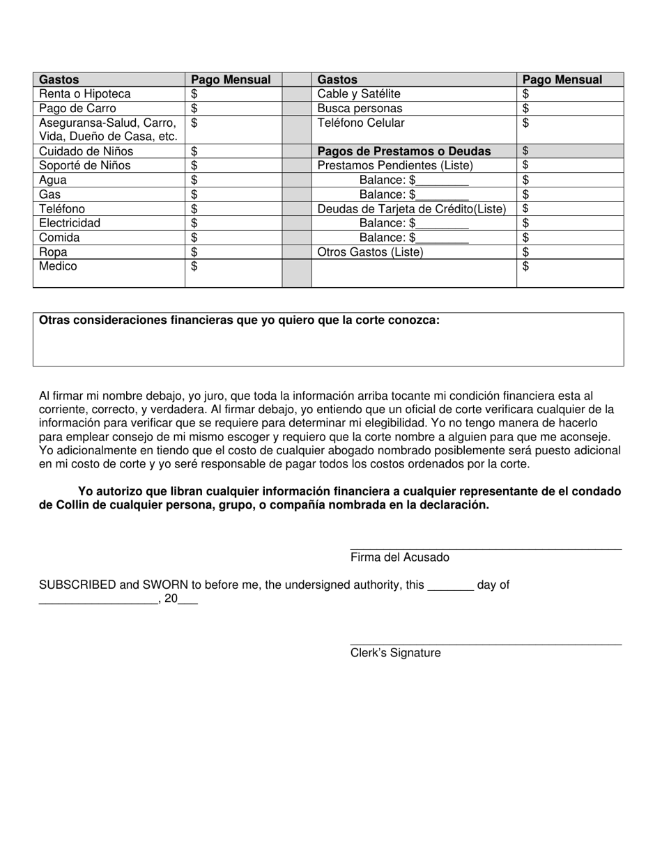 Declaracion De Indigencia - Collin County, Texas (Spanish), Page 3