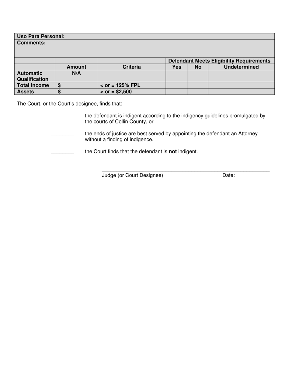 Declaracion De Indigencia - Collin County, Texas (Spanish), Page 4
