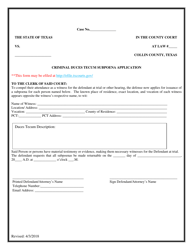 Criminal Duces Tecum Subpoena Application - Collin County, Texas