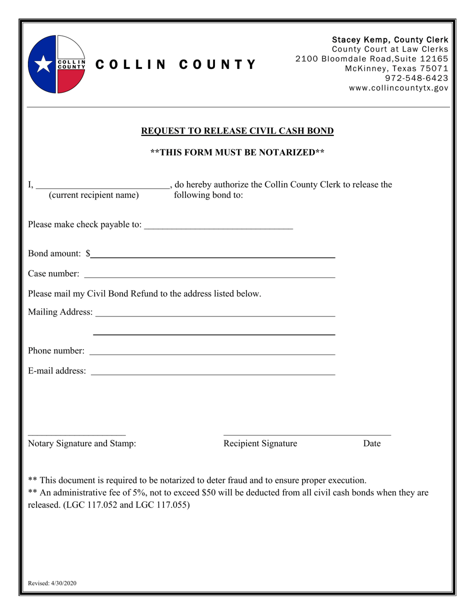 Collin County, Texas Request to Release Civil Cash Bond Fill Out
