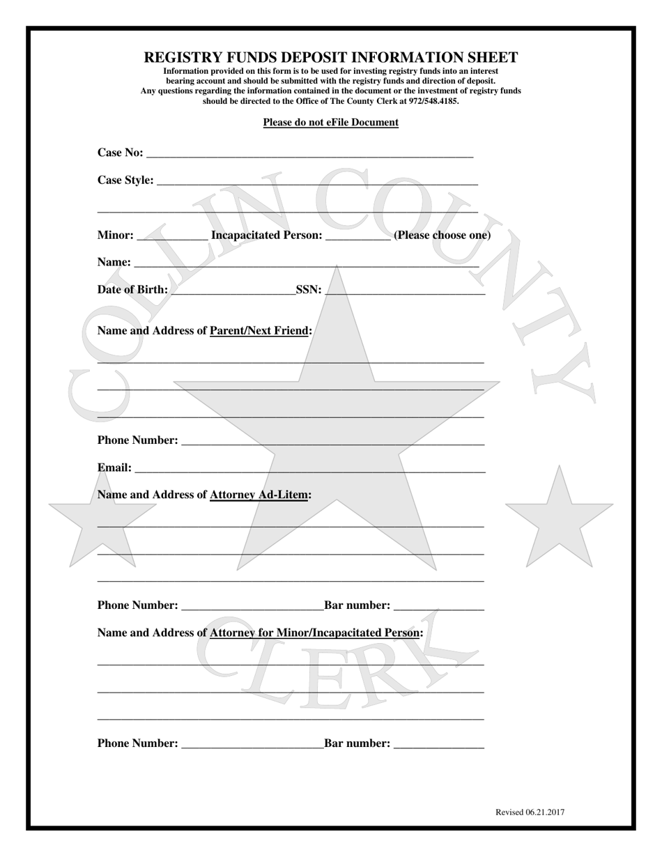 Registry Funds Deposit Information Sheet - Collin County, Texas, Page 1