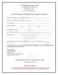 Document preview: Application for a Certified Copy of Marriage License - Collin County, Texas