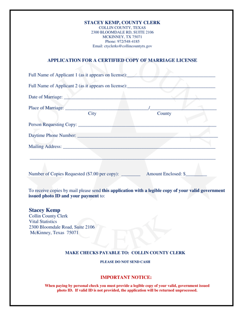 &quot;Application for a Certified Copy of Marriage License&quot; - Collin County, Texas Download Pdf