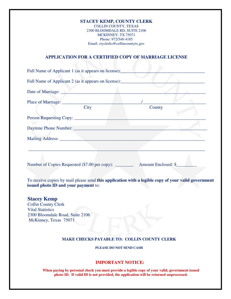 Application for a Certified Copy of Marriage License - Collin County, Texas, Page 1