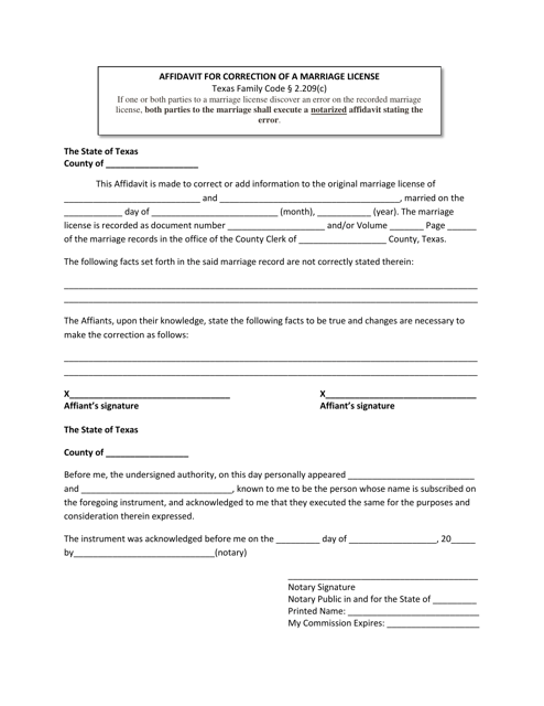 Affidavit for Correction of a Marriage License - Collin County, Texas Download Pdf