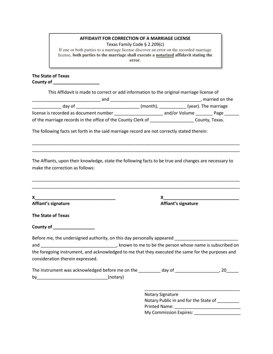 Collin County, Texas Affidavit For Correction Of A Marriage License 