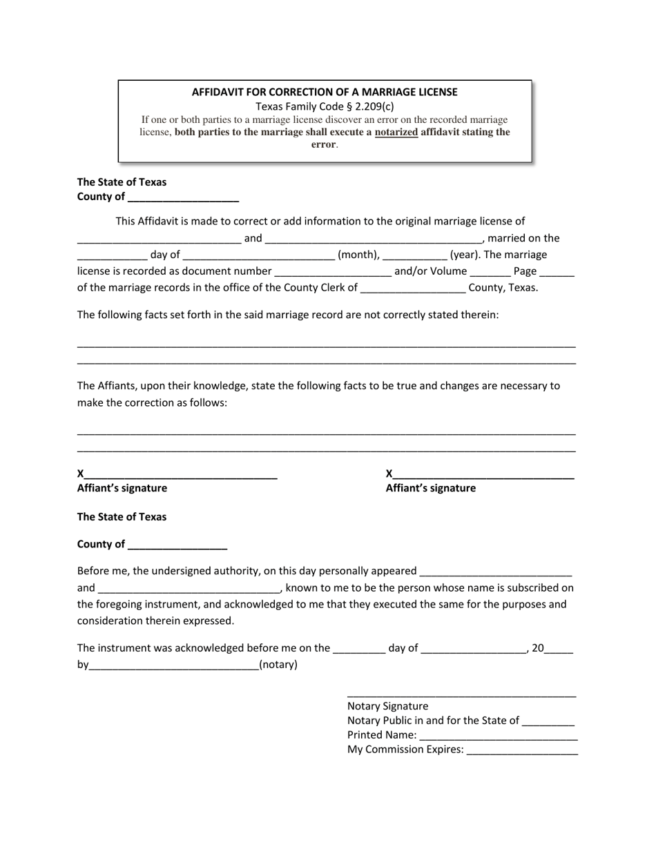 Affidavit for Correction of a Marriage License - Collin County, Texas, Page 1