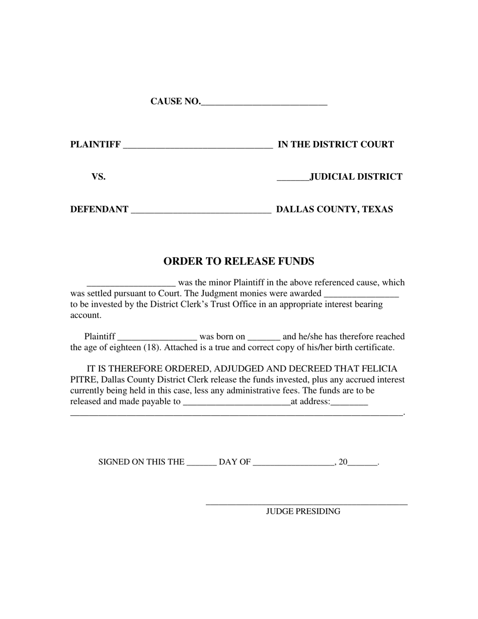 Order to Release Funds - Dallas County, Texas, Page 1