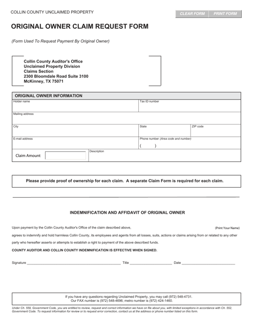 Original Owner Claim Request Form - Collin County, Texas Download Pdf
