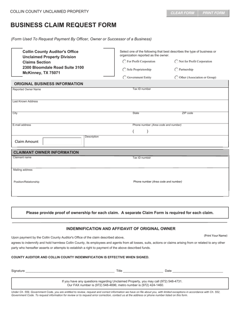 Business Claim Request Form - Collin County, Texas Download Pdf