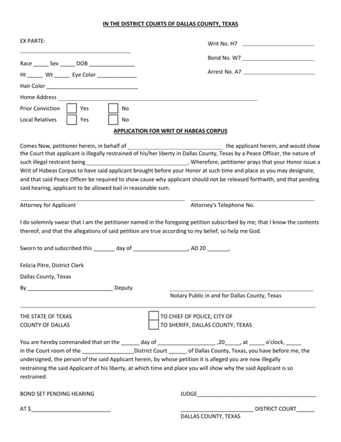 Application for Writ of Habeas Corpus - Dallas County, Texas