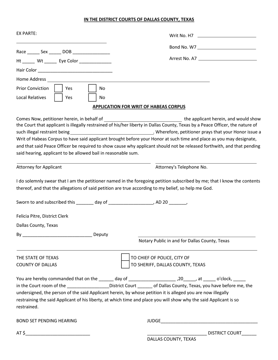 Dallas County, Texas Application for Writ of Habeas Corpus - Fill Out ...