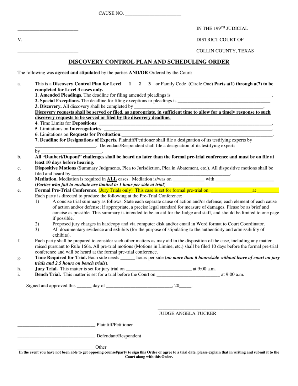 Collin County, Texas Discovery Control Plan and Scheduling Order