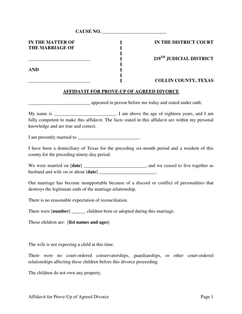Affidavit for Prove-Up of Agreed Divorce - 219th Judicial District - Collin County, Texas