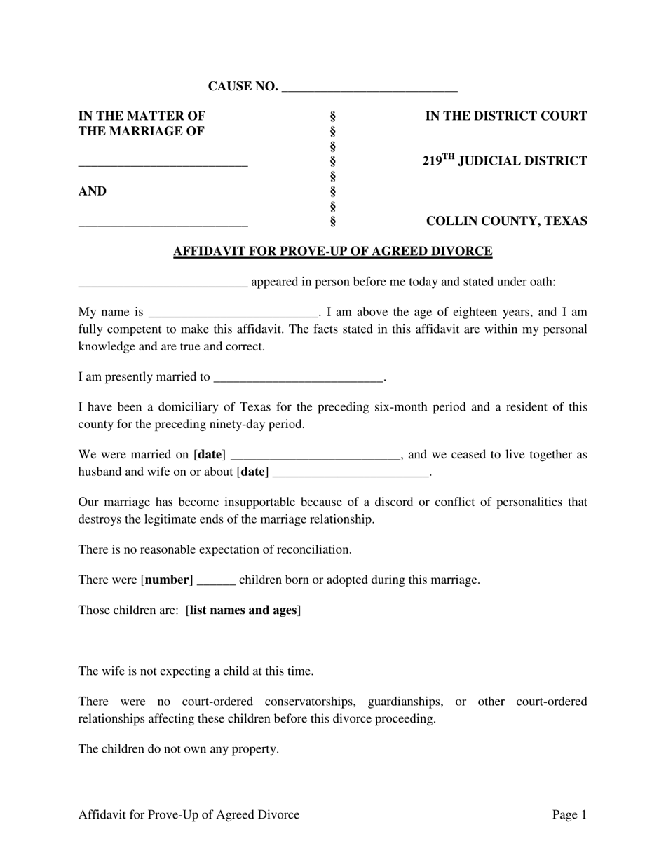 Affidavit for Prove-Up of Agreed Divorce - 219th Judicial District - Collin County, Texas, Page 1