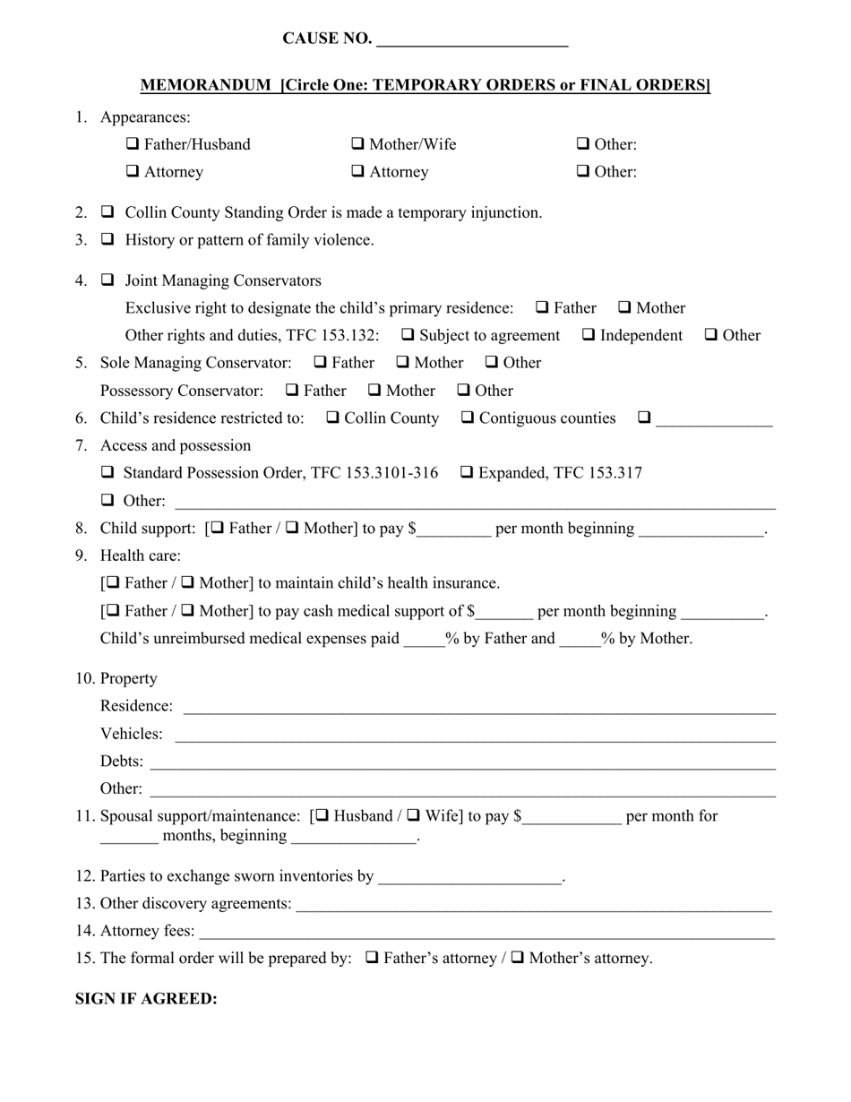 Temporary or Final Orders Agreement Checklist - Collin County, Texas, Page 1