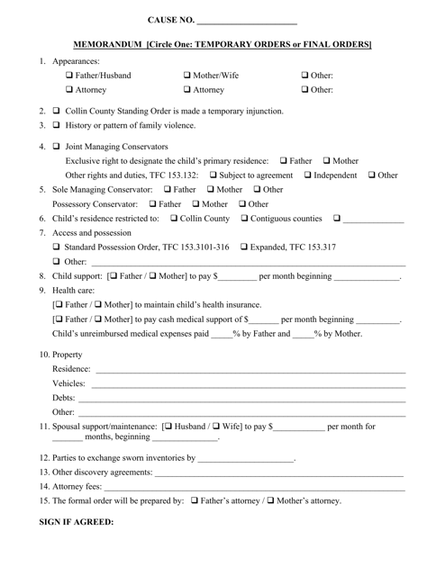 Temporary or Final Orders Agreement Checklist - Collin County, Texas Download Pdf