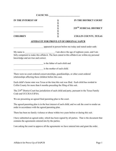 Affidavit for Prove-Up of Original Sapcr - 219th Judicial District - Collin County, Texas Download Pdf