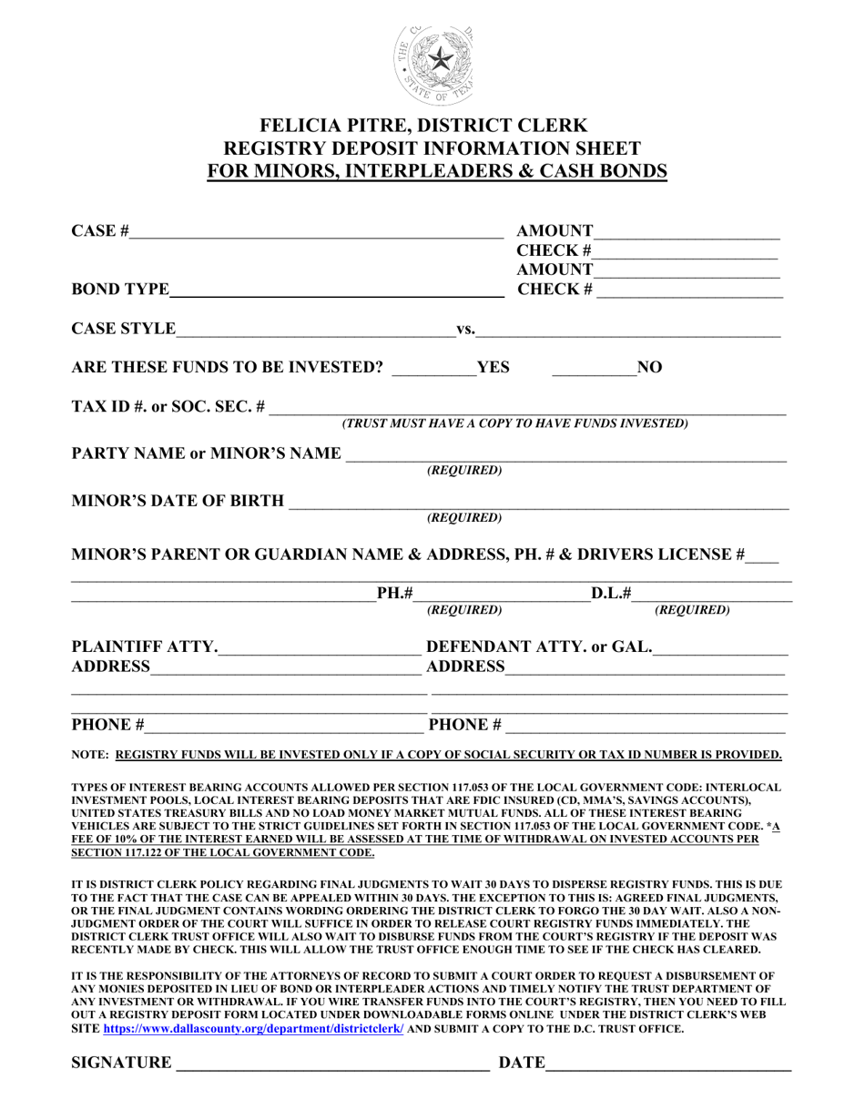 Registry Deposit Information Sheet for Minors, Interpleaders  Cash Bonds - Dallas County, Texas, Page 1
