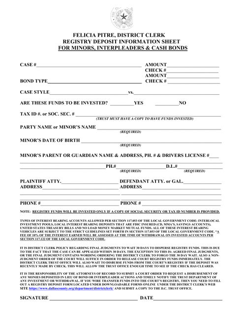 Registry Deposit Information Sheet for Minors, Interpleaders & Cash Bonds - Dallas County, Texas Download Pdf