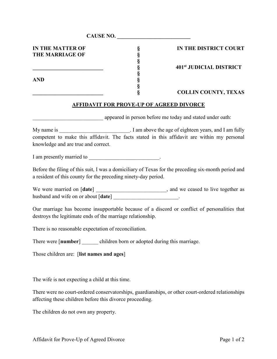 Affidavit for Prove-Up of Agreed Divorce - 401th Judicial District - Collin County, Texas, Page 1