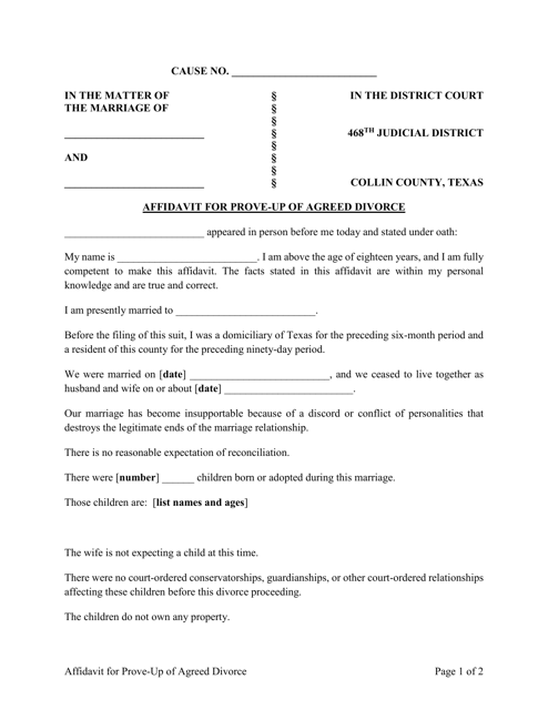 Affidavit for Prove-Up of Agreed Divorce - 468th Judicial District - Collin County, Texas Download Pdf