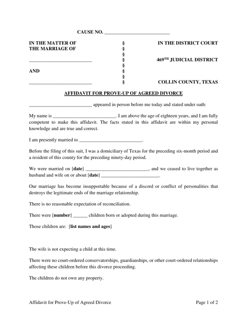 Affidavit for Prove-Up of Agreed Divorce - 469th Judicial District - Collin County, Texas Download Pdf
