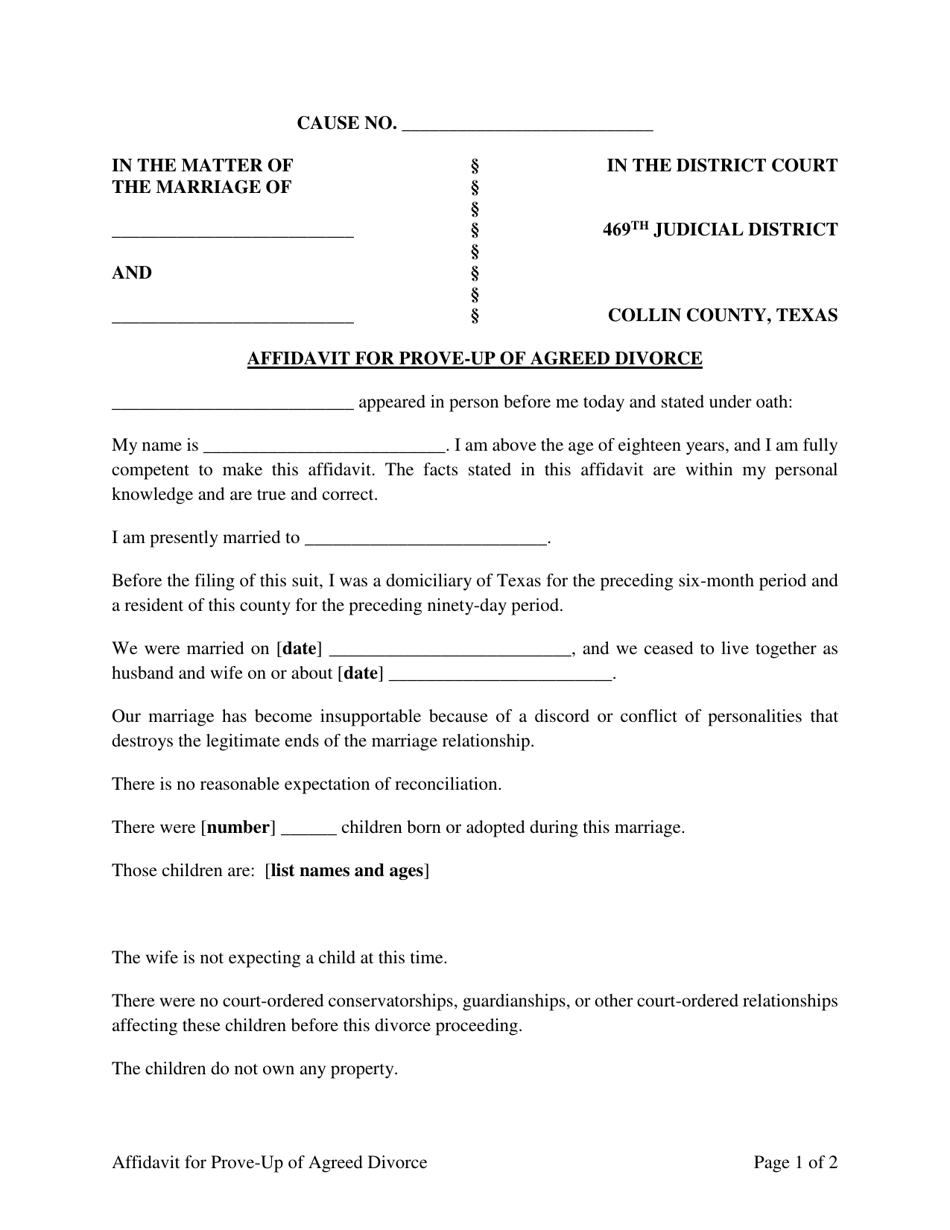 Affidavit for Prove-Up of Agreed Divorce - 469th Judicial District - Collin County, Texas, Page 1