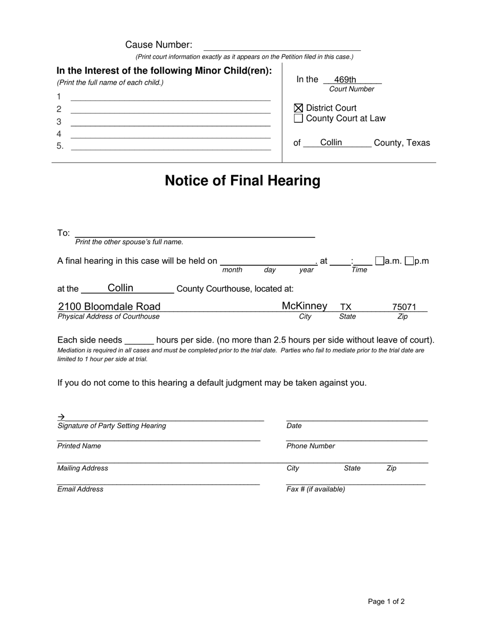 Notice of Final Hearing - Sapcr and Modification - 469th Judicial District - Collin County, Texas, Page 1
