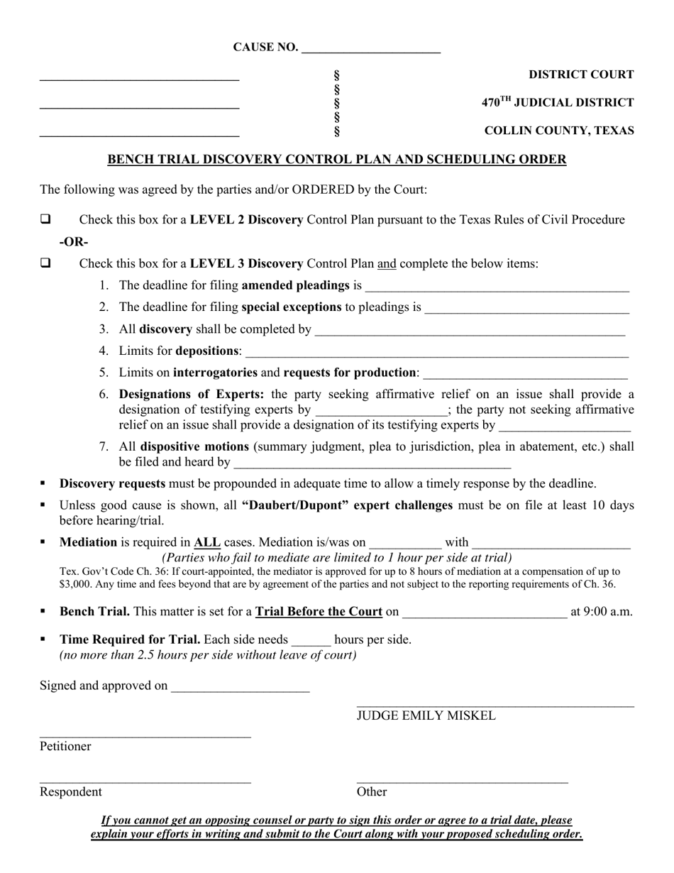 Bench Trial Discovery Control Plan and Scheduling Order - 470th Judicial District - Collin County, Texas, Page 1