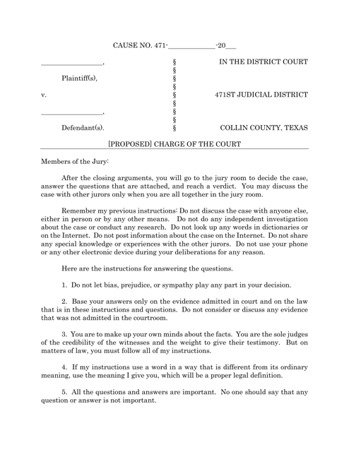 Proposed Charge of the Court - 471st Judicial District - Collin County, Texas Download Pdf