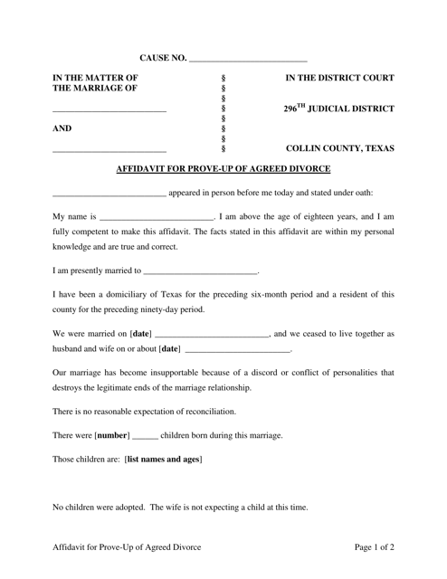 Affidavit for Prove-Up of Agreed Divorce - 296th Judicial District - Collin County, Texas Download Pdf