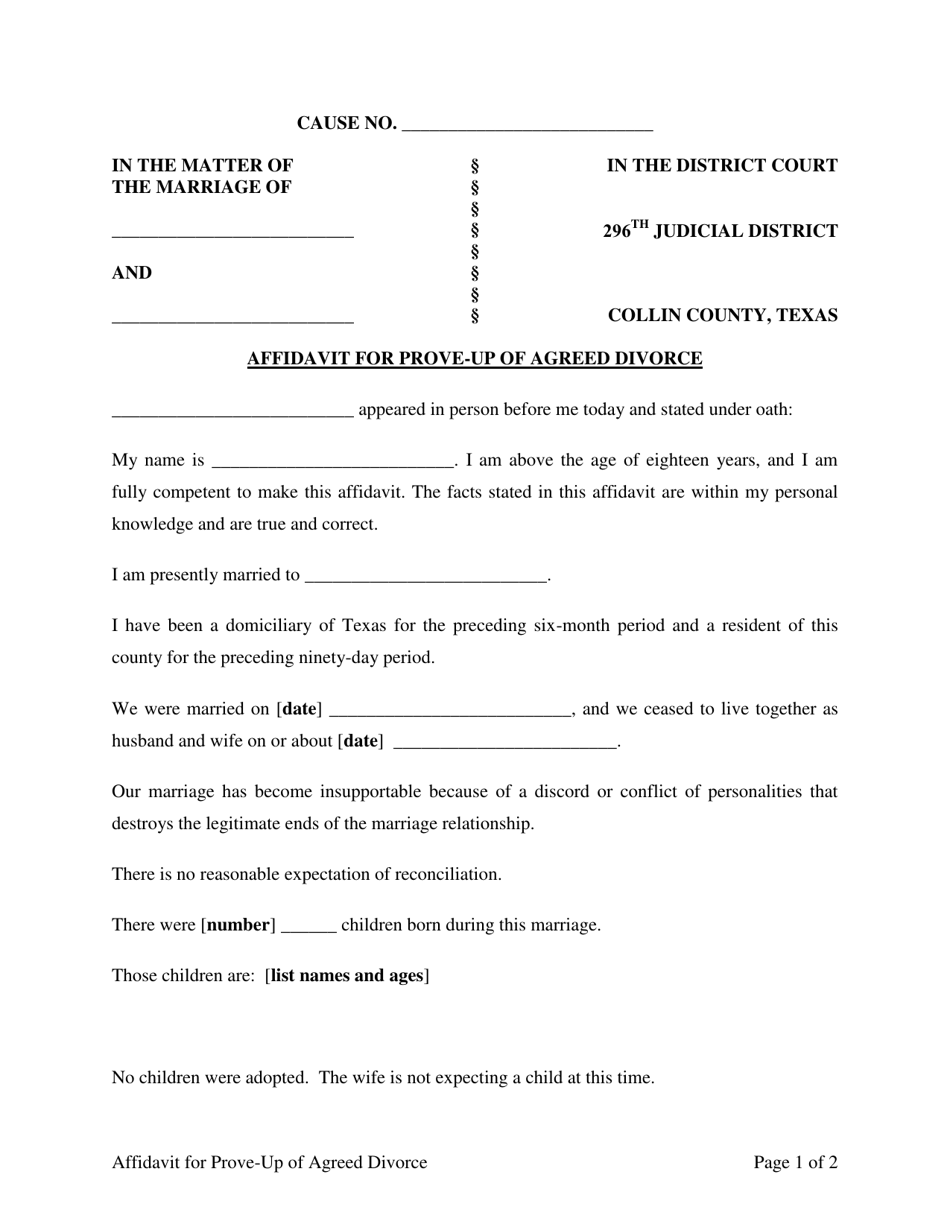 Affidavit for Prove-Up of Agreed Divorce - 296th Judicial District - Collin County, Texas, Page 1
