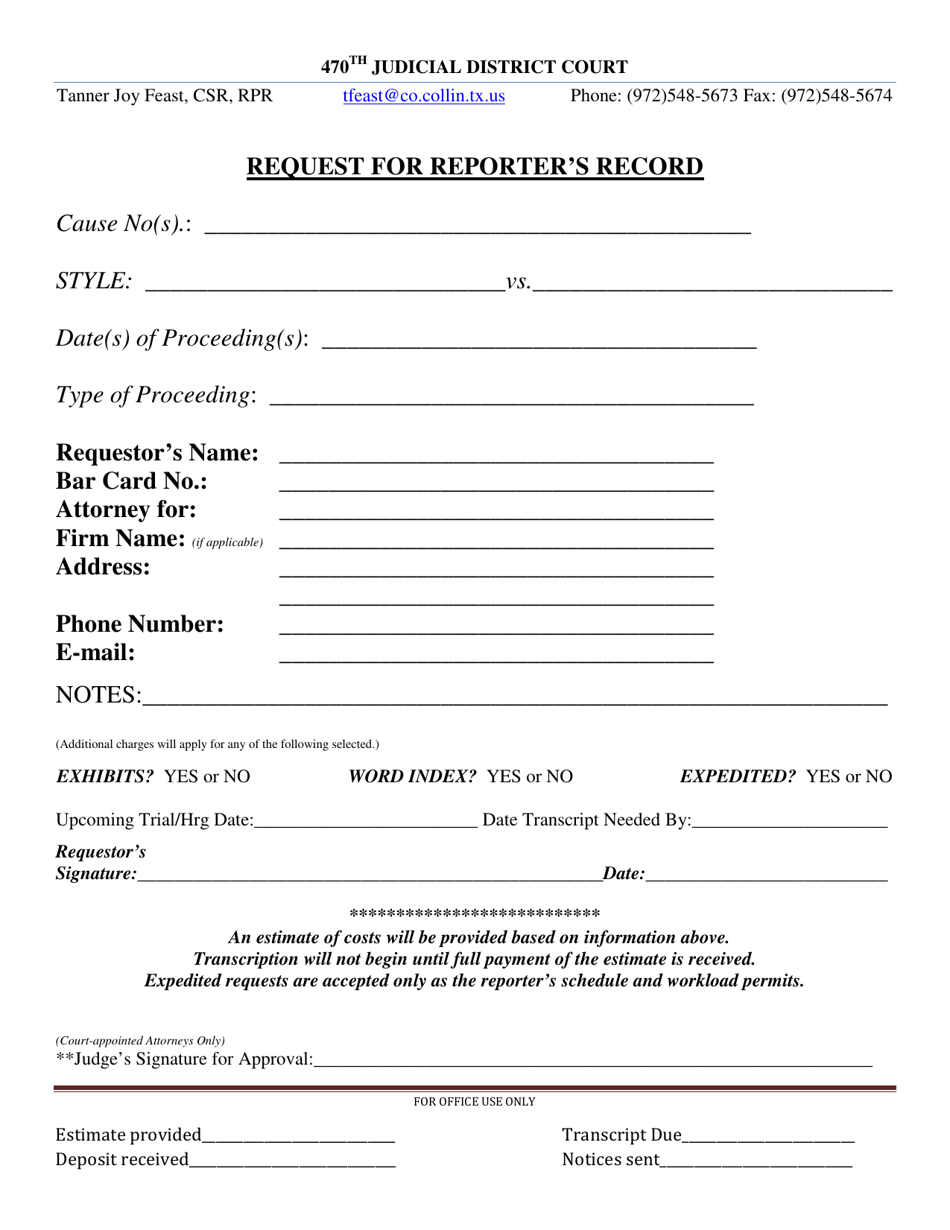 Request for Reporters Record - 470th Judicial District - Collin County, Texas, Page 1