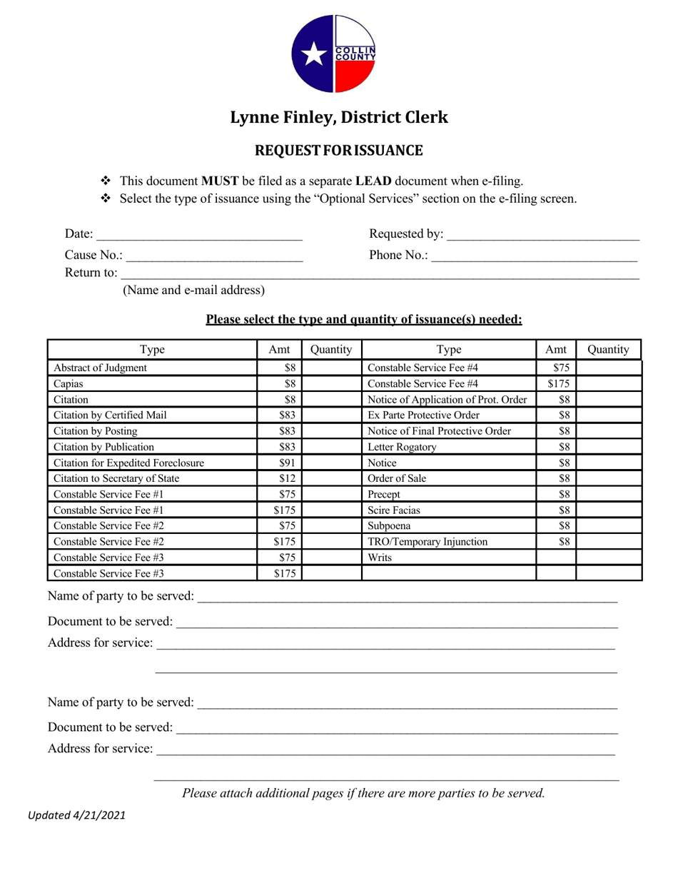 Collin County Texas Request For Issuance Fill Out Sign Online And