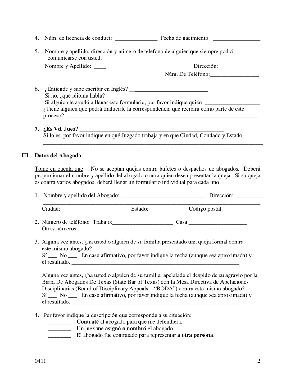 Colegio De Abogados Del Estado De Texas Formulario De Queja Formal - Dallas County, Texas (Spanish), Page 2
