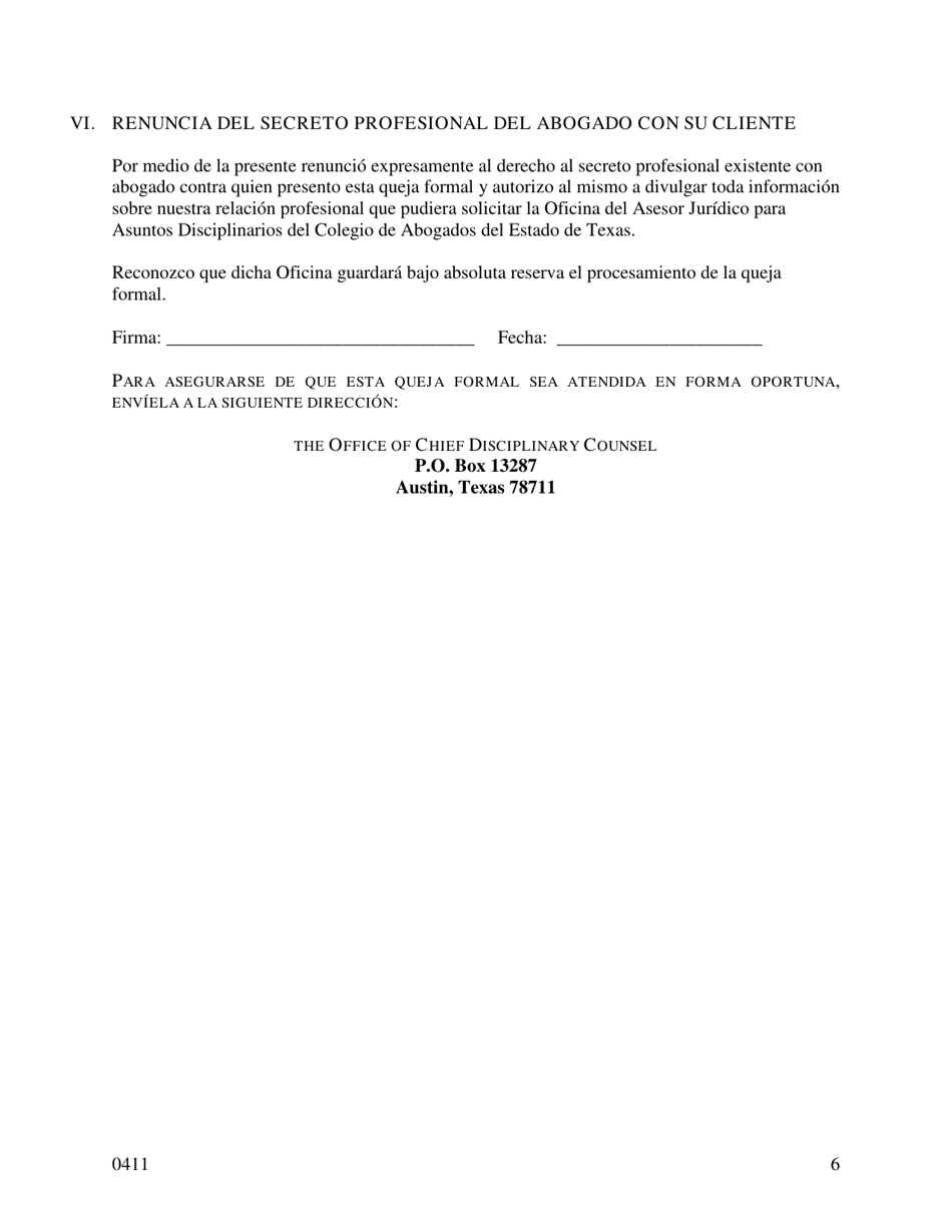 Colegio De Abogados Del Estado De Texas Formulario De Queja Formal - Dallas County, Texas (Spanish), Page 6