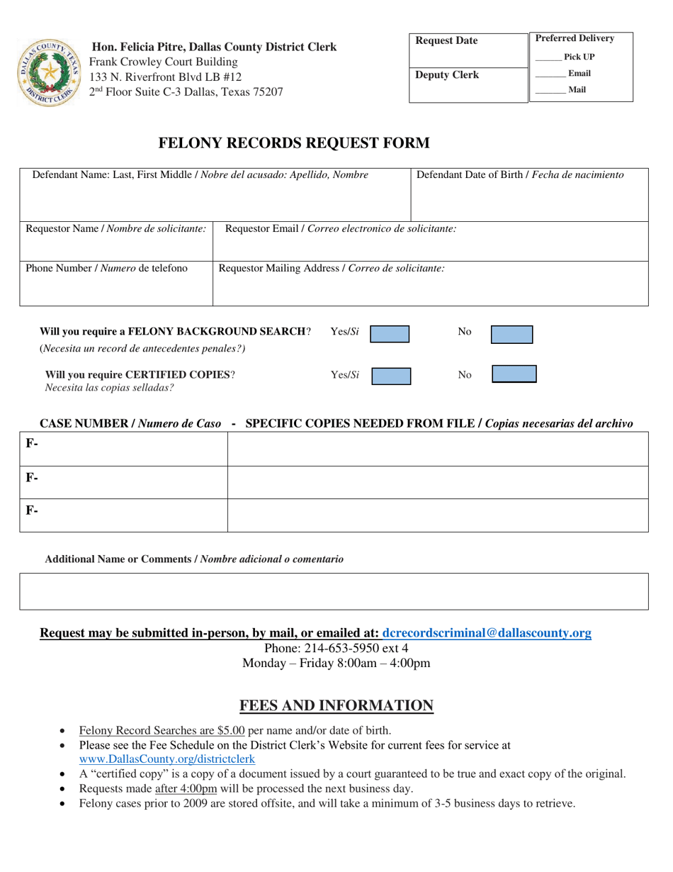 Felony Records Request Form - Dallas County, Texas, Page 1