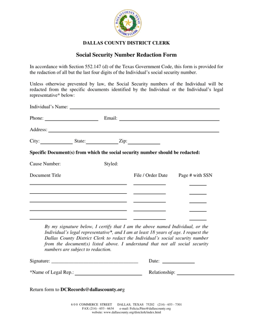 Social Security Number Redaction Form - Dallas County, Texas Download Pdf