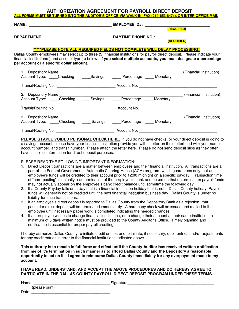 Authorization Agreement for Payroll Direct Deposit - Dallas County, Texas, Page 1
