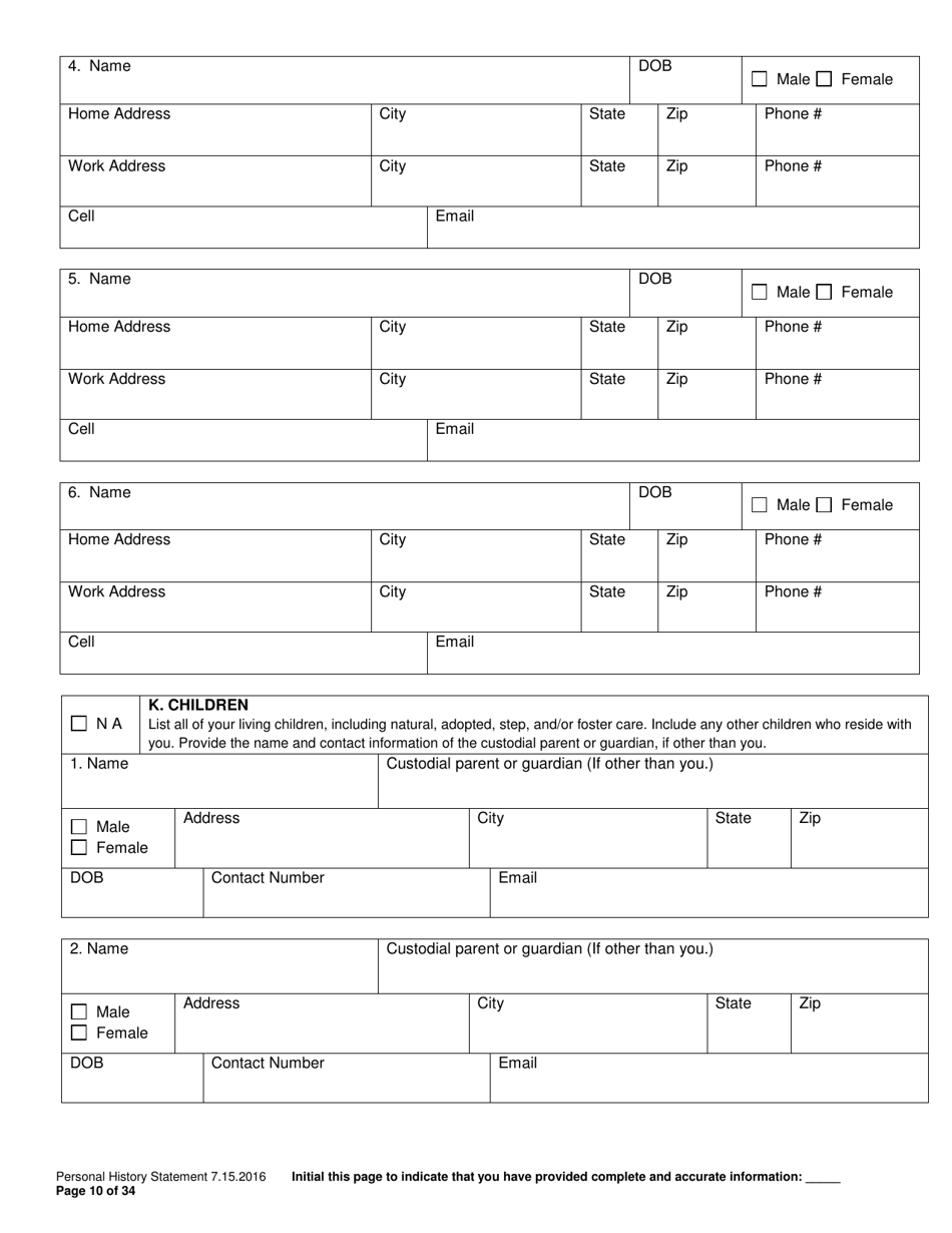 Personal History Statement - Williamson County, Texas, Page 10