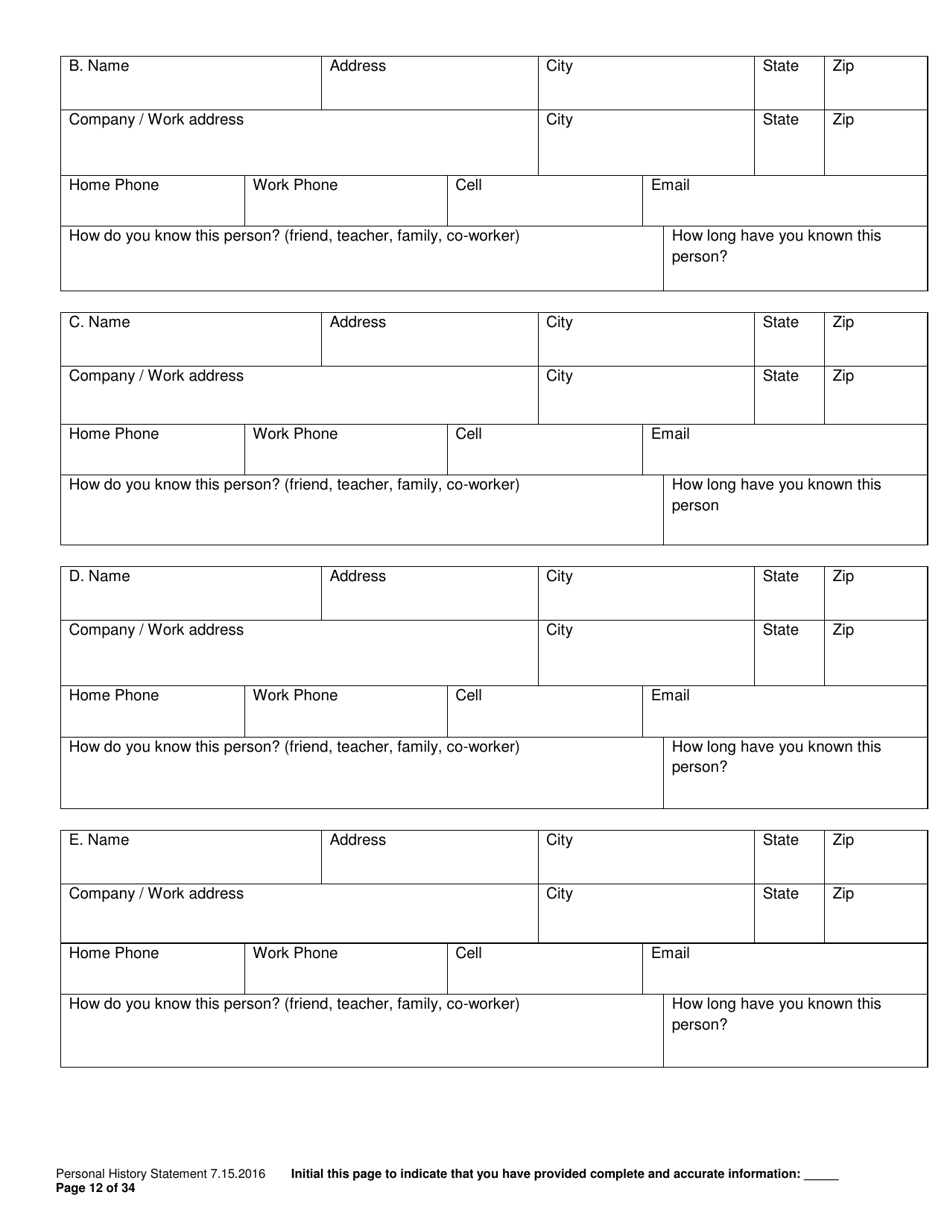 Personal History Statement - Williamson County, Texas, Page 12