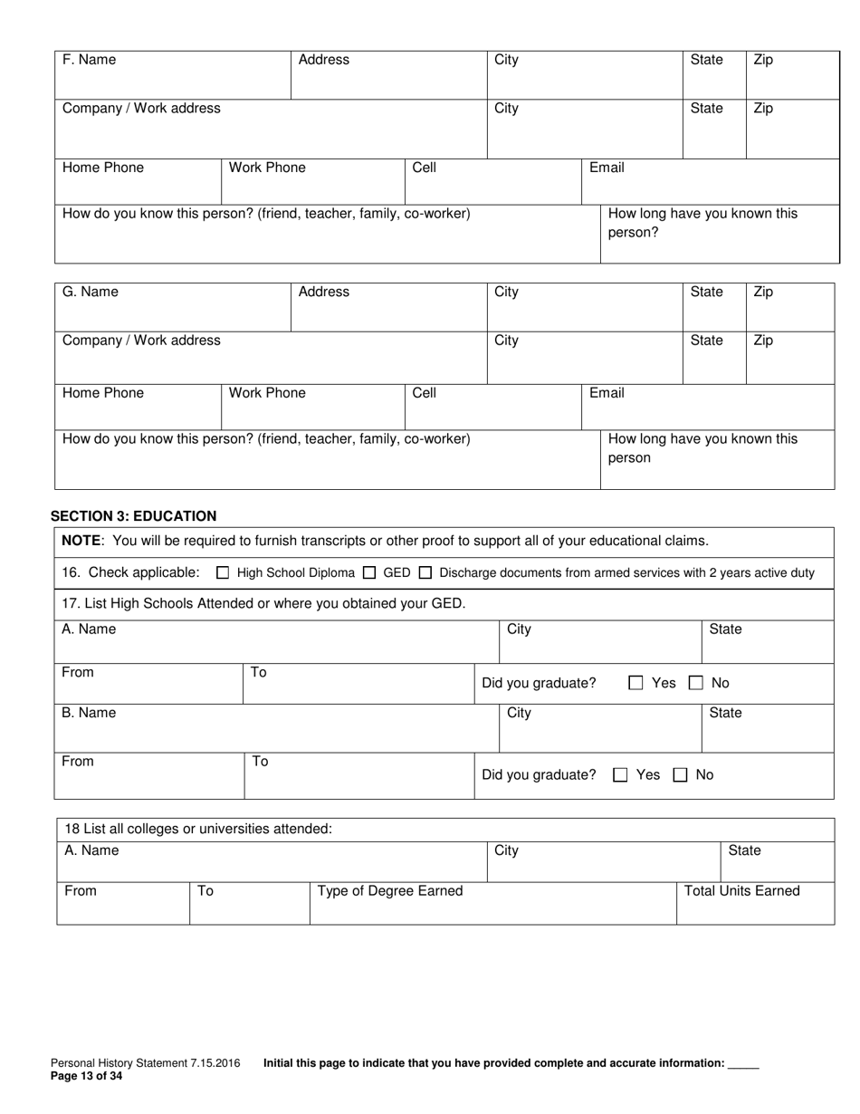 Personal History Statement - Williamson County, Texas, Page 13