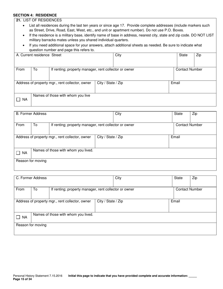 Personal History Statement - Williamson County, Texas, Page 15