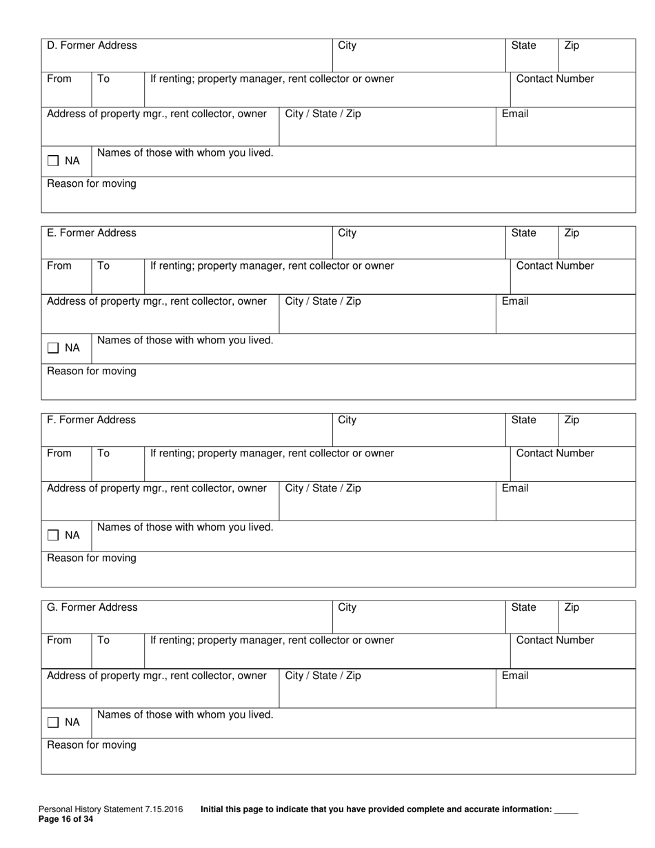 Personal History Statement - Williamson County, Texas, Page 16