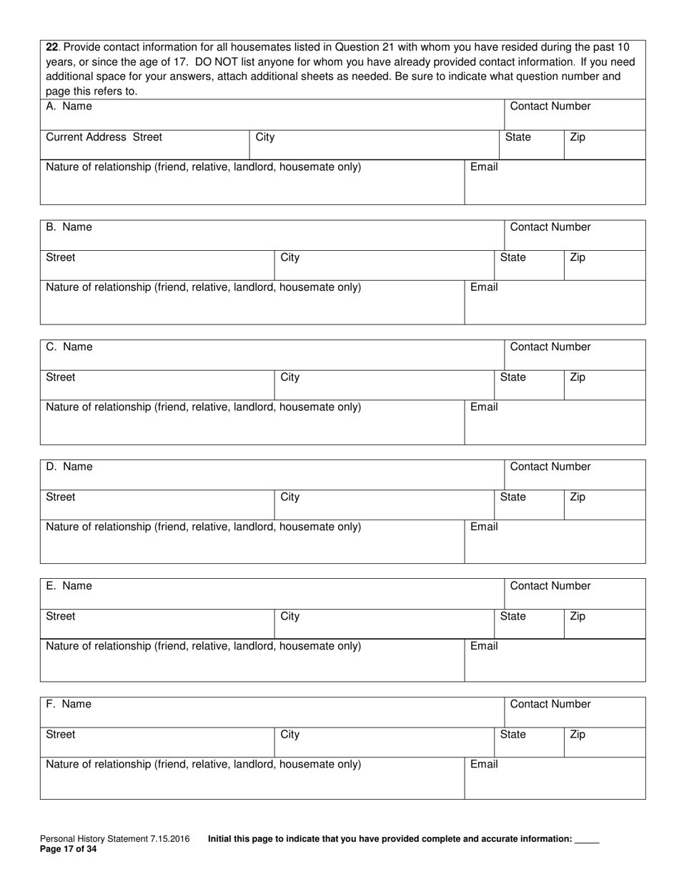 Personal History Statement - Williamson County, Texas, Page 17