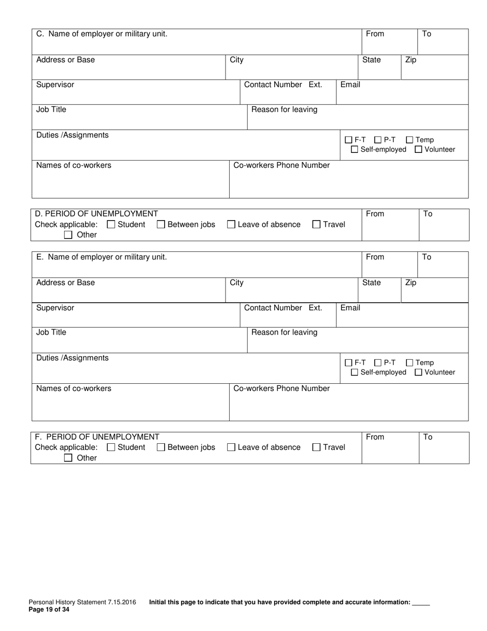 Personal History Statement - Williamson County, Texas, Page 19
